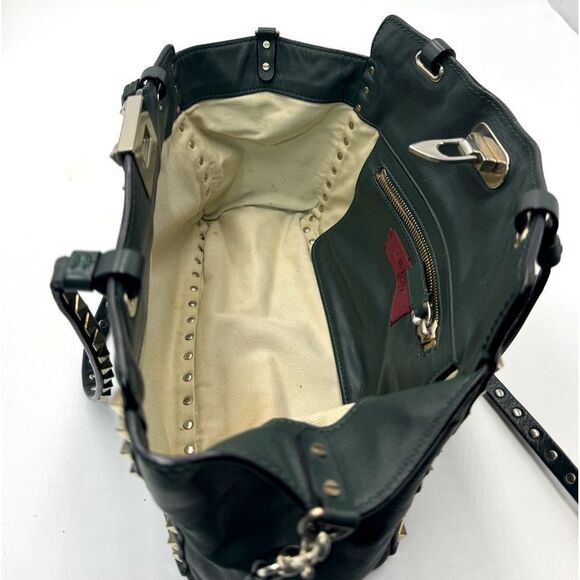 Auth Valentino Garavani Forest Green Leather Rockstud 2way Trapeze Shopper Tote - Picture 13 of 16